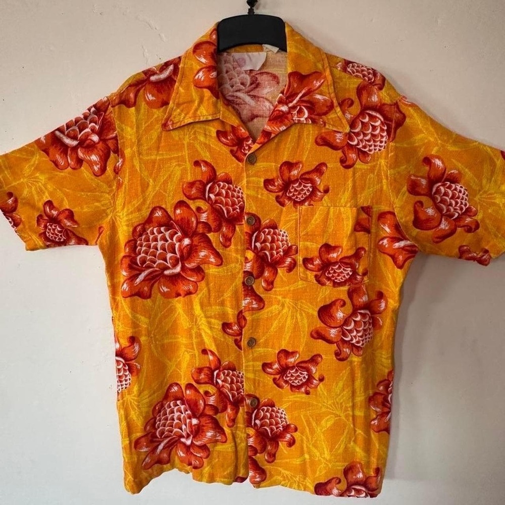 Vintage Kings Road orange & red floral button-up shirt In the style of the 50s